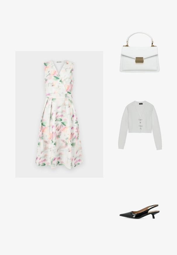 Even&Odd Vest - 001 - white; Mouwloze witte midi-jurk met pastel aquarel bloemenprint, V-hals wikkelbodysuit, getailleerde taille en geplooide rok.; Zwarte lakleren slingback pump met een puntige neus en een lage blokhak. Glad oppervlak met een gevoerde binnenkant en verstelbare band.; Witte leren handtas met een gestructureerde vorm, voorzien van een omvouwbare klep, een sluiting van goudkleurig metaal en een korte handgreep. Glad oppervlak, minimale stiksels.