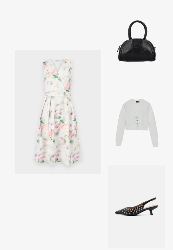 Even&Odd by Zalando Cardigan - 001 - white; Ærmeløs hvid midi-kjole med pastel akvarelblomstret print, V-hals omslagsbodice, tætsiddende talje og plisseret nederdel.; Sort slingback hæl med spids tå, pyntet med sølvnitter, med en lav blokhælkonstruktion og en glat lædertekstur.; Sort læderhåndtaske med rundet form, dobbelte håndtag, top lynlås og frontklaplomme, stående på en hvid baggrund.