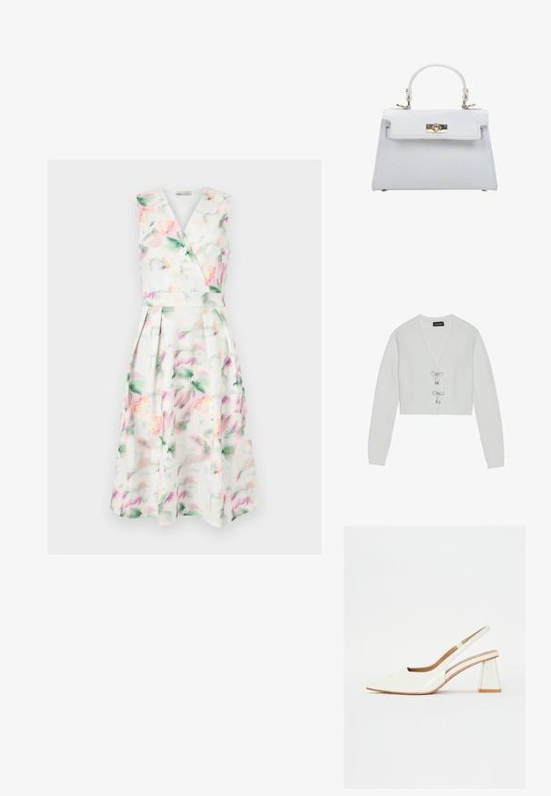 Even&Odd Gilet - 001 - white; Robe midi blanche sans manches avec imprimé floral aquarelle pastel, corsage cache-cœur en V, taille cintrée et jupe plissée.; Chaussure slingback en cuir verni blanc avec un bout pointu et un talon bloc géométrique. L'intérieur présente une semelle intérieure beige et des découpes latérales minimalistes.; ESTRO Sac à main - white