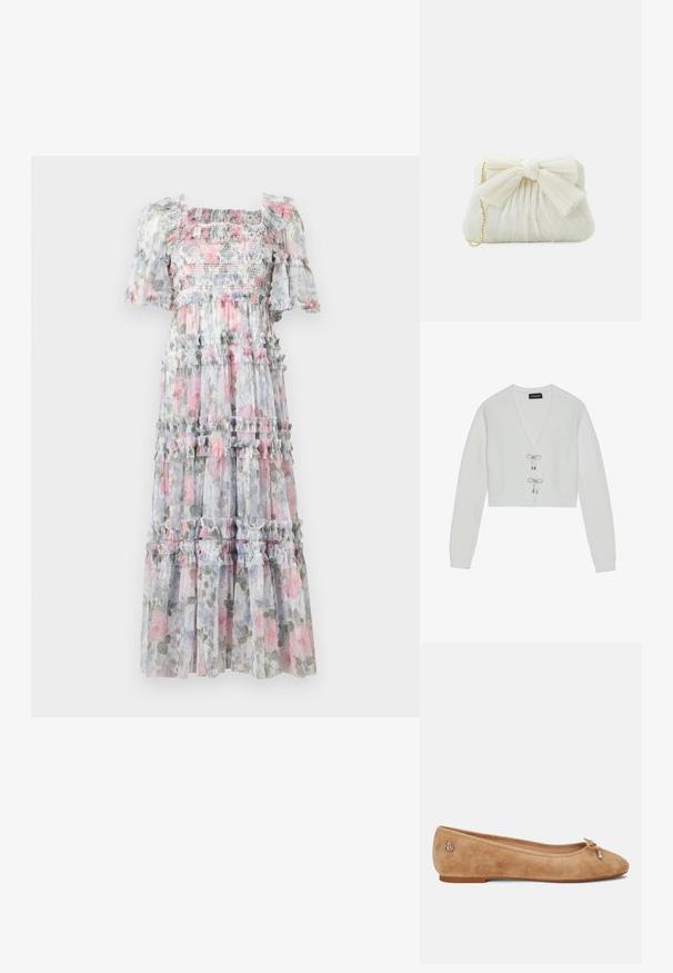 Even&Odd by Zalando Kardigán - 001 - white; Kvetinové maxi šifónové šaty s nariaseným živôtikom, volánikovými rukávmi a viacvrstvovými skladmi. Farby zahŕňajú jemnú ružovú, sivú a zelené kvetinové vzory.; Béžové semišové balerínky s mierne špicatou špičkou, mašľou na prednej časti a malým kovovým logom na päte. Plochá podrážka.; Biela skládacia kabelka s výrazným detailom mašle a zlatým reťazovým popruhom. Mäkká textúra s nariaseným dizajnom na prednej strane.