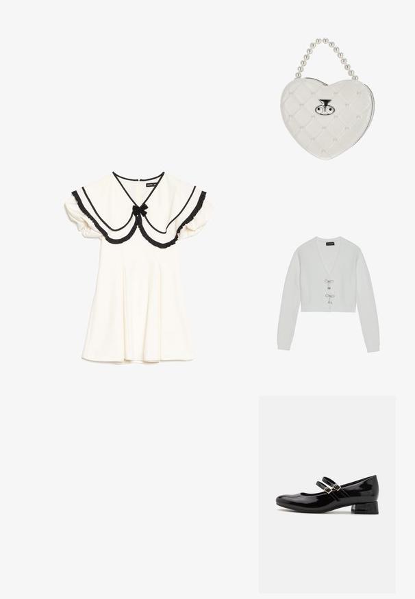 Even&Odd Vest - 001 - white; Crèmekleurige jurk met een oversized kraag afgezet met zwart, zwarte ruches aan de randen, korte pofmouwen en een kleine zwarte strik bij de halslijn.; Zwarte gepatineerde leren Mary Jane-schoenen met een ronde neus, twee verstelbare gespbandjes en een lage blokhak. Gladde textuur, minimalistisch ontwerp.; Witte, gewatteerde handtas in hartvorm met parelhandgreep en zilveren sluiting met twee oogvormige details.