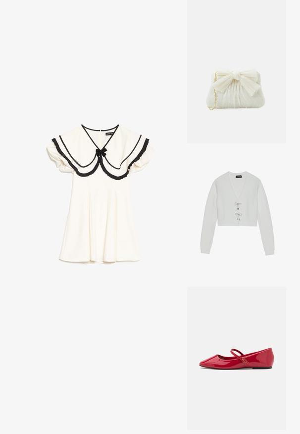 Even&Odd Chaqueta de punto - 001 - white; Vestido crema con cuello grande con borde negro, bordes de volantes negros, mangas cortas abullonadas y un pequeño lazo negro en el escote.; Zapatillas tipo ballet de charol rojo con punta puntiaguda, correa en el tobillo y pequeño adorno redondo en la correa. Suela plana y textura suave.; Bolso de mano plisado blanco con un destacado detalle de lazo y una correa de cadena dorada. Textura suave con un diseño fruncido en la parte frontal.