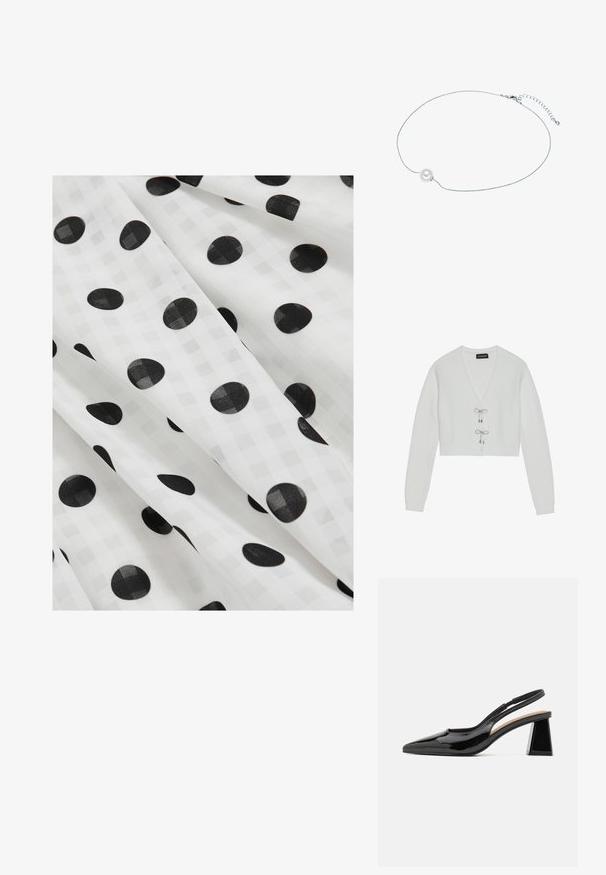 Even&Odd by Zalando Cardigan - 001 - white; Hvidt stof med flydende folder, der har en subtil ternet tekstur og jævnt fordelt store sorte polkaprikker.; Sorte patent slingback hæle med spids tå, der har en unik geometrisk blokhæl og en glat tekstur. Justerbar rem for støtte.; Sølv halskæde med en enkelt rund hvid perle på en fin, perlekæde med en klipslås og justerbar længde forlængelse.