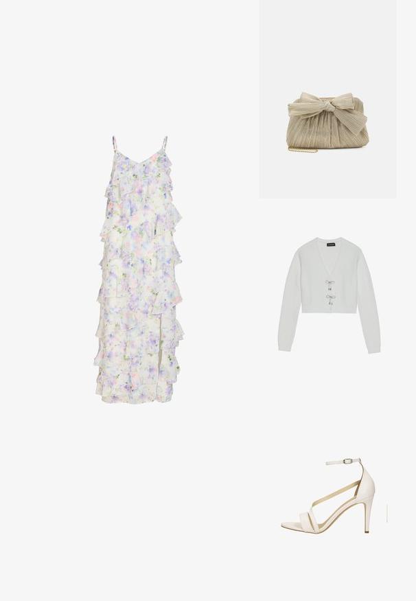 Even&Odd by Zalando Gilet - 001 - white; Robe maxi blanche sans manches avec imprimé floral pastel et tissu à volants superposés.; Sandale blanche à talons hauts avec une fine bride de cheville, bout ouvert et deux larges bandes à l'avant. Matériau synthétique lisse et talon aiguille élancé.; Loeffler Randall PLEATED FRAME WITH BOW - Pochette - platinum