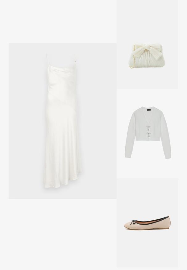 Even&Odd by Zalando Vest - 001 - white; Witte satijnen slipdress met dunne spaghettibandjes, een diagonale naaddetail en een uitlopende zoom die een vloeiende silhouet creëert. Gladde, lichte textuur.; Balletflat in beige synthetisch materiaal met een zwarte afwerking. Heeft een ronde neus en een klein zwart strikje aan de voorkant. Platter zool.; Witte geplooide clutchtas met een opvallende strikdetail en een gouden kettinghengsel. Zachte textuur met een geplooid ontwerp aan de voorkant.