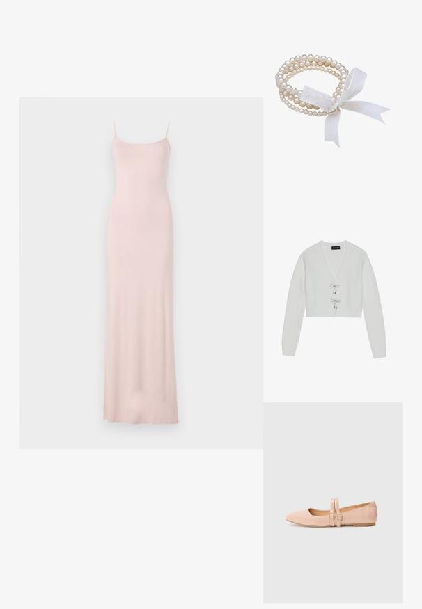 Even&Odd by Zalando Chaqueta de punto - 001 - white; Vestido maxi sin mangas de color rosa con un corsé ajustado y una falda fluida. Hecho de una tela suave y lisa con un diseño minimalista y sin patrones visibles.; Bailarinas de charol rosa pálido con punta afilada, que presentan dos correas ajustables y una suela de goma baja y plana.; Pulsera de perlas blancas con múltiples hilos, que presenta perlas de diferentes tamaños. Atada con un lazo de cinta blanca transparente.