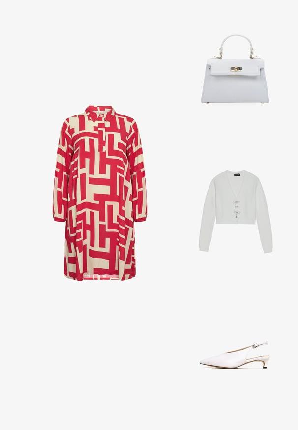 Even&Odd by Zalando Vest - 001 - white; Rode en beige jurk met een patroon, voorzien van een kraaghals, driekwart mouwen en geometrische ontwerpen door de stof heen.; Witte leren slingback-schoen met een spitse neus, lage hak en verstelbare strap. Gladde textuur, minimale details en klassiek ontwerp.; ESTRO Handtas - white