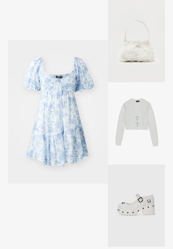 Even&Odd by Zalando Vest - 001 - white; Bloemenprintjurk in lichtblauw en wit, met pofmouwen, een vierkante halslijn, gelaagde onderkant en een trekkoorddetail aan de voorkant.; Witte plateau schoenen met een ronde neus, gespsluiting en ronde studs. Getextureerde zool met een lichte hak en decoratieve hardware-details.; Kleine witte handtas met stoffen rozen die het geheel bedekken en een dunne, enkele band als handvat, op een effen achtergrond.