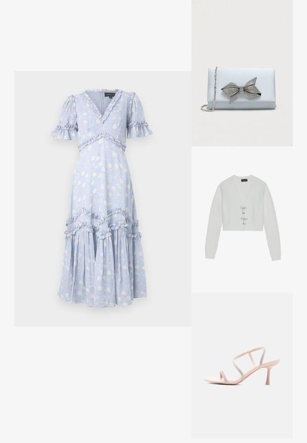Even&Odd Cardigan - 001 - white; Lyseblå blomsterkjole med korte flæseærmer, V-udskæring og flæsede detaljer langs sømmer og kant. Mellemlang med en svajende nederdel.; Beige sandal med høj hæl med tre tynde stroffer pyntet med rhinsten og en slank, mellemhøj hæl på en hvid baggrund.; Lyseblå satin clutch med sølv kædetras og stor rhinesten-beklædt sløjfe dekoration på frontklappen.