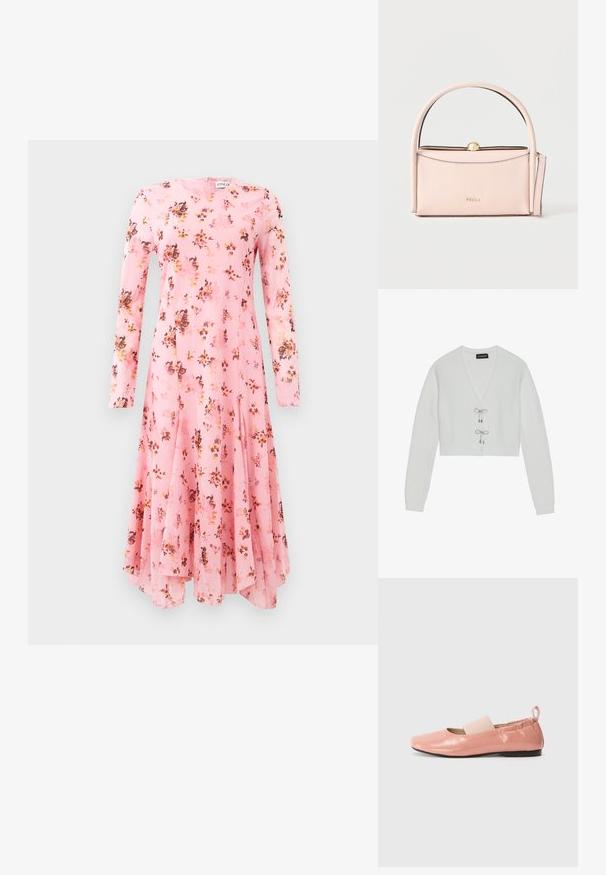 Even&Odd Cardigan - 001 - white; Langærmet pink kjole med blomsterprint, der har rund halsudskæring og flagrende kant. Letvægtigt stof med en glat tekstur.; Lyserøde syntetiske flade sko med en skinnende overflade, firkantet tå og et blødt elastikbånd hen over vristen. Sort gummisål og bageste trækflap.; Blød lyserød læderhåndtaske med afrundet håndtag, guldspænde og aftagelig rem, minimalistisk design, Furla-logo på forsiden.