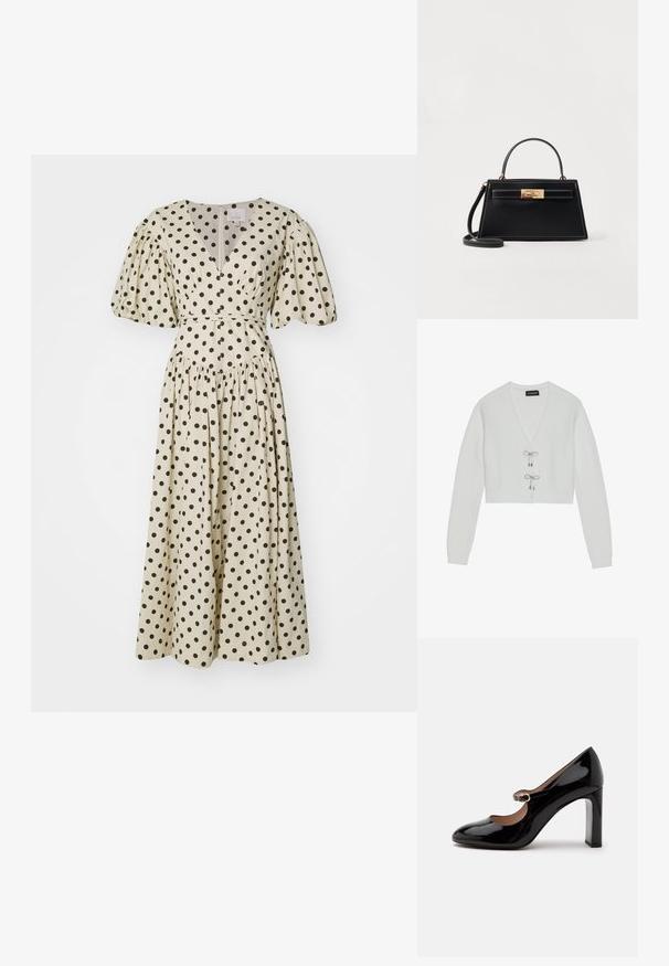 Even&Odd Cardigan - 001 - white; Cinq à Sept POLKA DOT STASSIE DRESS - Hverdagskjole - gardenia/black; Sort laklæder Mary Jane-højhælet sko med rundet tå og lille spænde over vristen på hvid baggrund.; Sort læderhandtaske med en struktureret trapezform, guldfarvet spænde og kontrastfarvet hvid syning. Inkluderer et kort håndtag og en lang rem.
