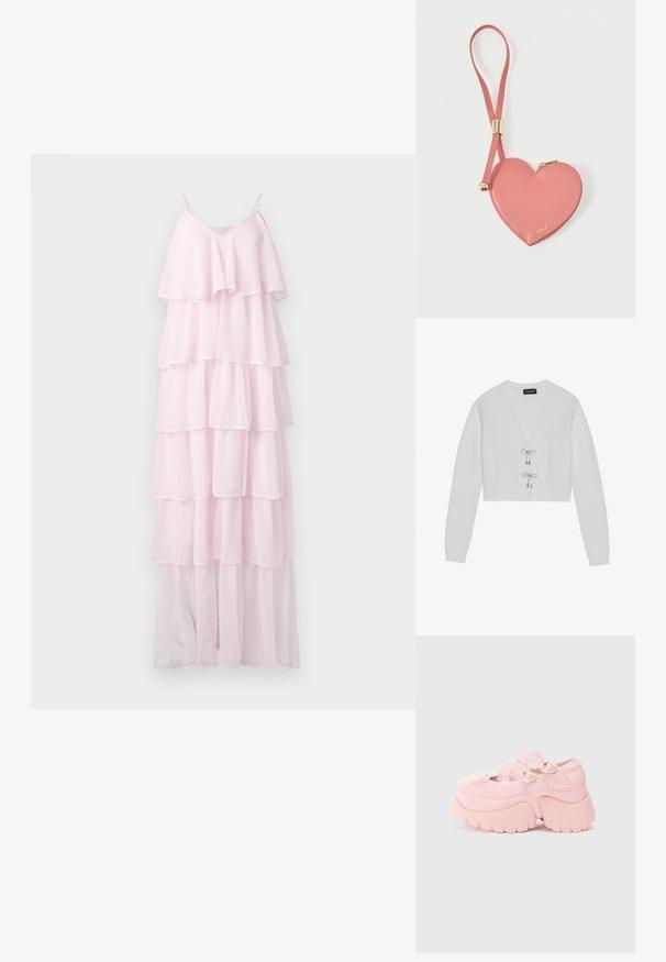 Even&Odd by Zalando Kardigan - 001 - white; Heledad roosa kihtidega kleit, mis on valmistatud läbipaistvast kangast, reguleeritavate spagetitrasside ja V-kaelusega, sisaldades viit horisontaalset kihti.; Suurte platvormidega roosa king, millel on topelt südamekujulised pandlad, pitsäär ja paks skulptureeritud tald, valge tausta taustal.; Roosa südamekujuline nahast münditasku randmerihma ja kuldse tõmblukuga, mis on kaunistatud väikese kuldse „Furla" tekstiga.