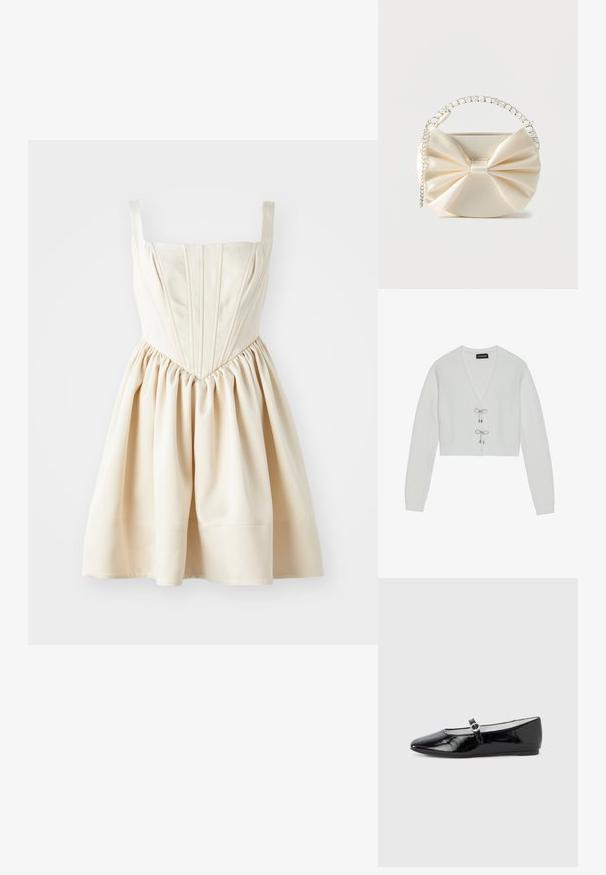 Even&Odd Vest - 001 - white; Crème-kleurige jurk met een vierkante halslijn, een aansluitend lijfje met plooien en een geraffineerde rok, gemaakt van een gladde stof. Verstelbare schouderbandjes.; Zwarte ballerina's van lakleer met een spitse neus, voorzien van een klein bandje en een ronde gesp aan de zijkant. Platte zool.; Kleine ivoorkleurige satijnen handtas met grote decoratieve strik, handvat met strassteentjes en zilveren kettingriem op witte achtergrond.