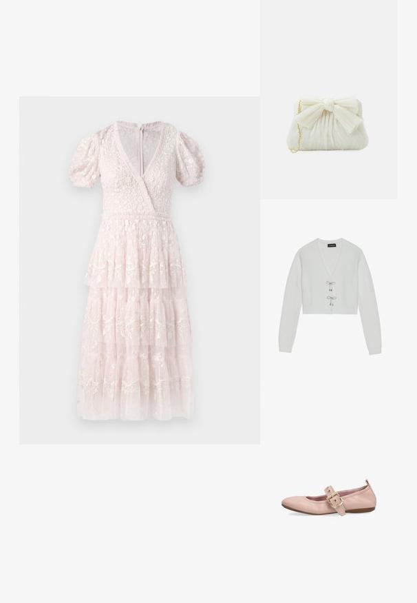 Even&Odd by Zalando Cardigan - 001 - white; Lyserød, lagdelt kjole med pufærmer, V-udskæring og intrikate blomsterbroderier. Lavet af et struktureret, let materiale. Lynlås bagpå.; Lyserød læder flatsko med rundet tå, dekorativ rem og stor guldbeklædt spænde, lav hæl og trækkestrop ved hælkanten.; Hvid plisseret clutch-taske med en fremtrædende sløjfedetalje og en guldkædetras. Blød tekstur med et samlet design på forsiden.