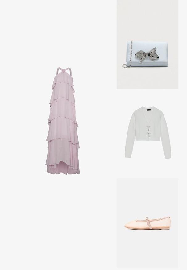 Even&Odd by Zalando Gilet - 001 - white; Une longue robe rose en tissu fluide, avec plusieurs volants superposés, un design à col haut et un accent circulaire au niveau du décolleté.; Chaussure plate beige clair avec un bout pointu et une bride latérale avec boucle, présentée sur un fond blanc uni.; Pochette en satin bleu clair avec une chaîne en argent et un grand nœud en strass sur le rabat avant.