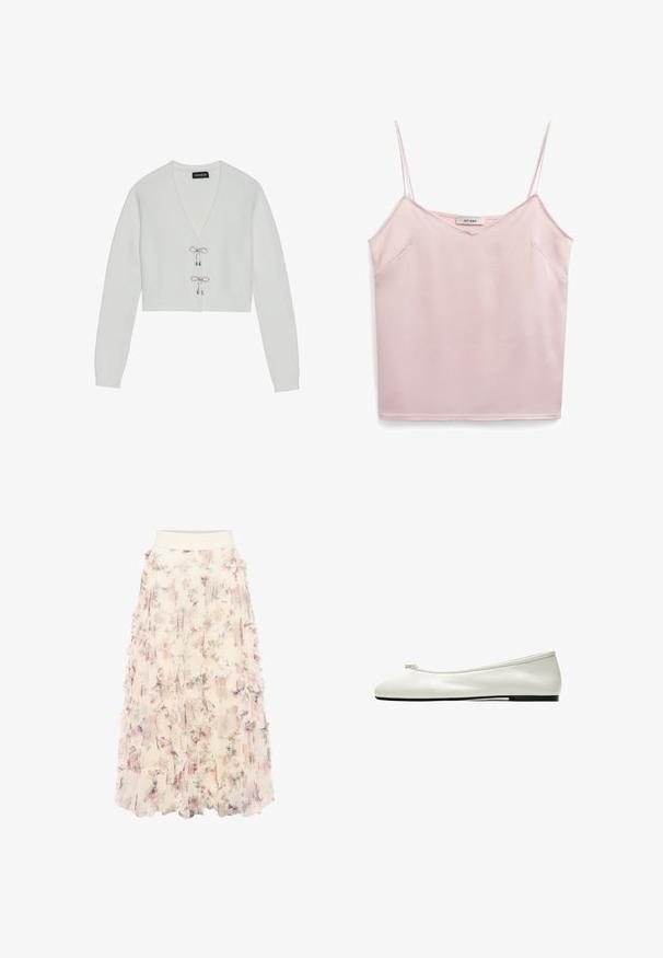 Even&Odd by Zalando Vest - 001 - white; Roze mouwloze top met dunne banden, V-hals, zachte textuur en twee zijzakken. Label zegt "IVY OAK." Eenvoudig, schoon ontwerp.; zero MIT BLUMENPRINT - A-lijn rok - cream pink; Witte leren ballerinas met een klein knoopdetail op de afgeronde neus en een dunne zwarte zool.