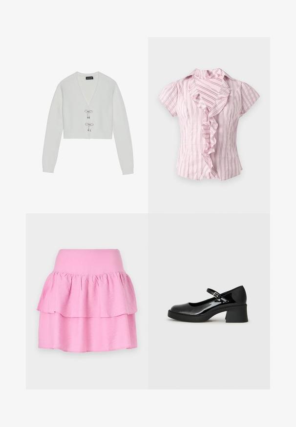 Even&Odd Gilet - 001 - white; Blouse rose à manches courtes avec des rayures verticales foncées et un col volanté devant, présentée sur fond blanc.; Jupe rose à volants avec une large ceinture élastique et deux volants horizontaux. Fabriquée en tissu doux et léger. Texture lisse sans motifs.; Chaussure Mary Jane en cuir verni noir avec un embout arrondi, une sangle réglable et un talon carré épais. Présente une semelle texturée.