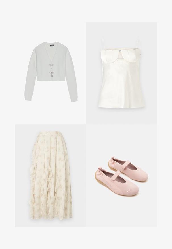 Even&Odd by Zalando Ζακέτα - 001 - white; Λευκό σατέν καμισόλ με ρυθμιζόμενες τιράντες, δομημένο κούμπωμα με δαντελένια λεπτομέρεια και ευθεία κάτω γωνία. Λείο ύφασμα και μινιμαλιστικός σχεδιασμός.; Μακριά κρέμα φούστα με διακριτικό λουλουδάτο μοτίβο και καταρράκτης από βολάν, κατασκευασμένη από ελαφρύ, διάφανο ύφασμα.; Ζευγάρι απαλές ροζ μπαλαρίνες με ελαστική πλάτη, λουράκι με βέλκρο στο πάνω μέρος και ανοιχτό καφέ σόλες σε λευκό φόντο.