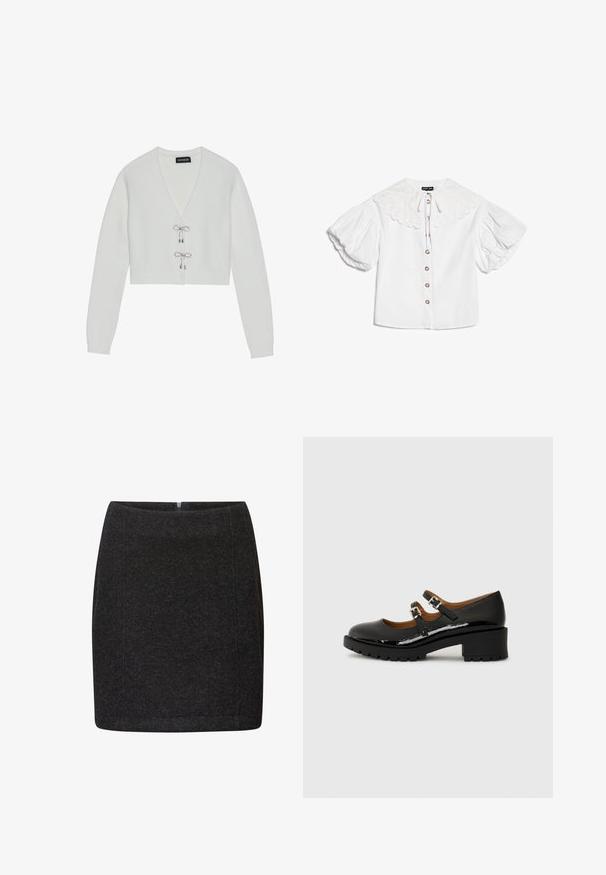 Even&Odd by Zalando Gilet - 001 - white; Blouse blanche avec grand col festonné, boutons dorés sur le devant et manches courtes bouffantes volumineuses.; Mini-jupe noire en tissu texturé avec une coupe slim, dotée d'une fermeture éclair au dos et de coutures nettes. Design simple sans motifs visibles.; Chaussures Mary Jane en cuir verni noir avec deux brides réglables, bout rond et talon en caoutchouc épais présentant un motif de semelle texturé.