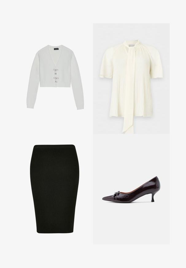 Even&Odd by Zalando Gilet - 001 - white; Blouse couleur crème avec manches courtes bouffantes, plis verticaux sur le devant et un long détail noué au col.; Jupe crayon noire à côtes avec un design ajusté. Dotée d'une taille haute et d'un tissu texturé, offrant une silhouette lisse.; Escarpin à bout pointu en cuir verni marron foncé avec un petit nœud décoratif à l'avant et un talon bas et fin.