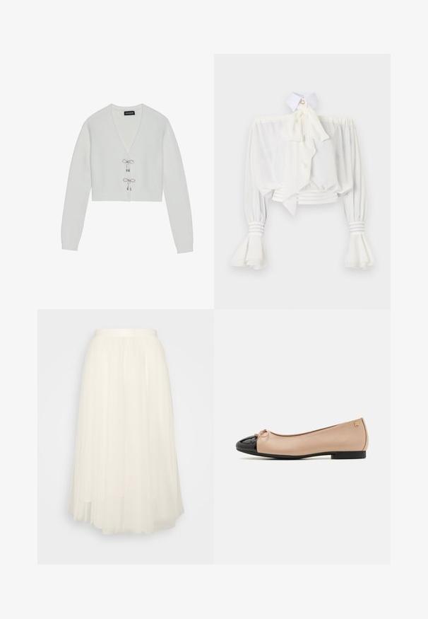 Even&Odd by Zalando Vest - 001 - white; Witte off-shoulder blouse met lange pofmouwen, uitlopende manchetten, een hoge kraag met een knoop en een decoratieve strik aan de voorkant.; Witte tule rok met een aansluitende tailleband, knie-lange binnenvoering en gelaagd, doorschijnend buitenmateriaal. Zachte textuur en vloeiende ontwerp.; Ballet flats met een beige satijnen bovenkant, zwarte lakleren neuskap, kleine strikdetail aan de voorkant en een lage zwarte hak.