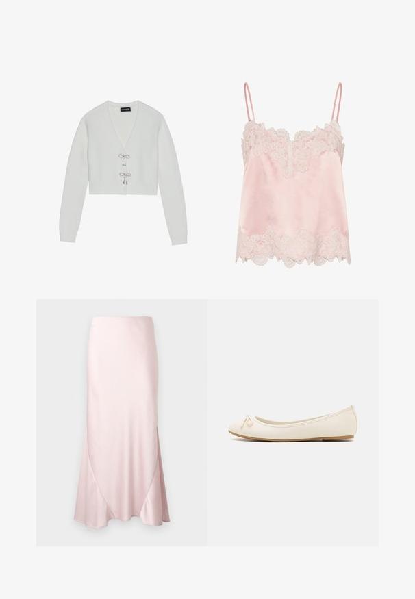 Even&Odd by Zalando Cardigan - 001 - white; Lyserød satin camisole med hvid blondekant langs halsudskæring og kant, med tynde justerbare skulderstropper.; Lyserød satin midi-nederdel med A-formet silhuet og fine diagonale sømdetaljer på en ensfarvet baggrund.; Balletflade i crèmefarve med en rund tå, en lille sløjfedetalje foran og en struktureret beige sål. Glat syntetisk materiale.