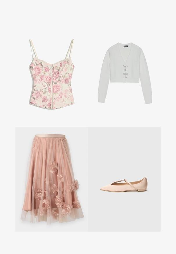 Even&Odd by Zalando Gilet - 001 - white; Haut style corset floral avec des fleurs roses et des feuilles vertes sur fond crème, fines bretelles crème et bordure en dentelle le long du décolleté.; Jupe en tulle rose pâle avec une ceinture en satin. Comprend plusieurs couches de tissu transparent et des appliqués floraux en trois dimensions sur toute la surface.; Ballerine rose pâle avec un bout pointu, en satin, ornée d'une bride incrustée de bijoux sur le coup de pied, talon bas.