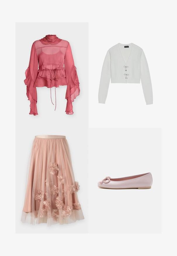 Even&Odd by Zalando Gilet - 001 - white; Blouse rose poussiéreux transparente avec col montant à volants, taille à volants superposés, manches évasées fluides et cordon de serrage ajustable à l'avant.; Jupe en tulle rose pâle avec une ceinture en satin. Comprend plusieurs couches de tissu transparent et des appliqués floraux en trois dimensions sur toute la surface.; Ballerine en cuir verni rose clair avec bout arrondi, nœud en corde torsadée sur le devant et semelle basse beige sur fond blanc.