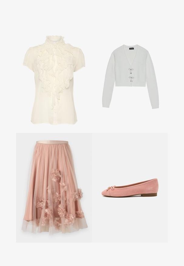 Even&Odd by Zalando Gilet - 001 - white; Blouse crème en tissu léger, avec un devant à volants, un col haut, des manches courtes et un fermoir à boutons.; Jupe en tulle rose pâle avec une ceinture en satin. Comprend plusieurs couches de tissu transparent et des appliqués floraux en trois dimensions sur toute la surface.; Ballerine plate en daim rose doux avec petit nœud et accent doré sur l'avant arrondi, talon bas et semelle lisse.