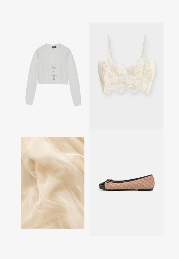 Even&Odd by Zalando Chaqueta de punto - 001 - white; Bralette blanco de encaje con patrones florales, tirantes finos ajustables y bordes en forma de ondas a lo largo del dobladillo inferior y el escote.; Tela de tul color beige claro con una textura suave y transparente, que presenta un tejido de malla fina que crea suaves ondas y pliegues.; Pretty Ballerinas Bailarinas - black/beige