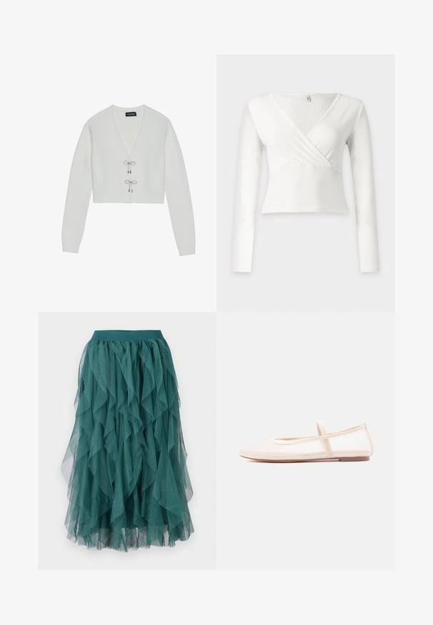 Even&Odd by Zalando Chaqueta de punto - 001 - white; Top blanco de canalé con manga larga cruzado, escote en V y cintura entallada, mostrado sobre un fondo claro y liso.; Falda de tul verde azulado con volantes en capas, que cuenta con una cinturilla elástica y una textura fluida. La tela es ligera y transparente.; Bailarinas con una parte superior de malla beige translúcida y una correa de satén, con punta redondeada y suela baja de color marrón. Diseño ligero y flexible.