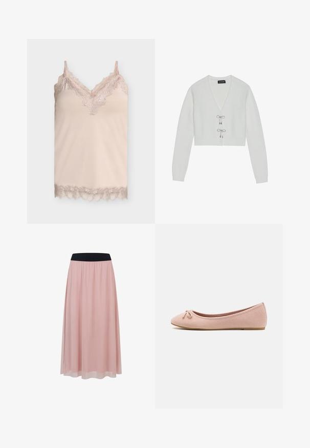 Even&Odd by Zalando Gilet - 001 - white; Caraco en soie beige avec bordure en dentelle le long de l'encolure en V, des bretelles et de l'ourlet sur un fond gris clair uni.; Jupe rose longueur cheville avec une couche extérieure transparente et une large ceinture élastique noire.; Des ballerines en suede rose doux avec un bout arrondi et un petit nœud sur le devant, dotées d'une semelle plate basse.