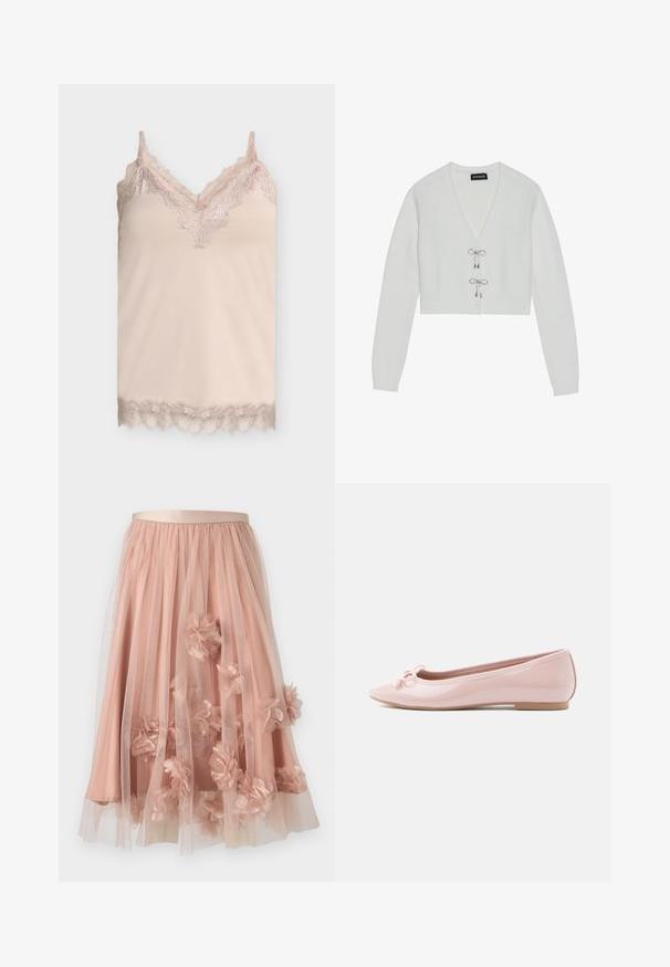 Even&Odd by Zalando Gilet - 001 - white; Caraco en soie beige avec bordure en dentelle le long de l'encolure en V, des bretelles et de l'ourlet sur un fond gris clair uni.; Jupe en tulle rose pâle avec une ceinture en satin. Comprend plusieurs couches de tissu transparent et des appliqués floraux en trois dimensions sur toute la surface.; Ballerine rose en cuir verni avec un bout pointu et un nœud décoratif à l'avant. Elle présente une semelle plate et un design sans coutures.