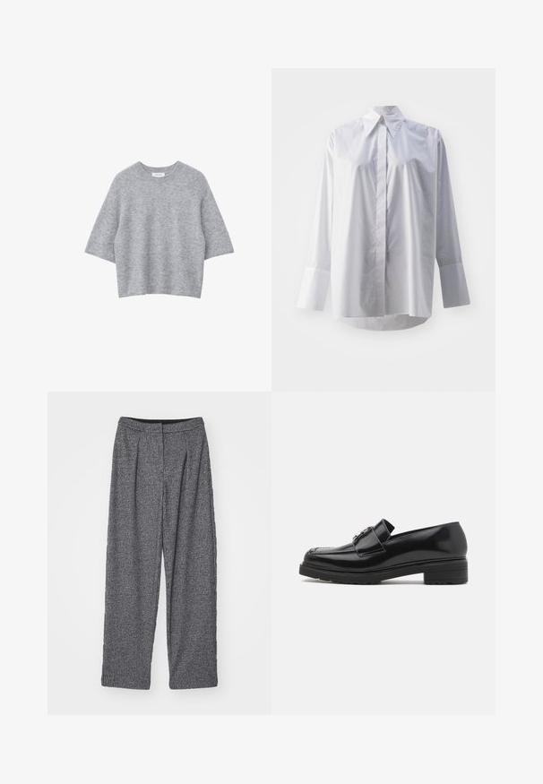 Pull en tricot gris clair à manches courtes, col rond et coupe décontractée. Texture douce et design minimal sans motifs ni accents.; Chemise blanche à manches longues en un mélange de coton lisse, avec un col classique, une fermeture à boutons centrale et de larges poignets.; Pantalon gris à carreaux avec une taille haute, une coupe évasée et des plis. Fabriqué en tissu texturé avec un motif monochrome.; Mocassins en cuir noir brillant avec un petit talon carré, bout cousu et détail de boucle en métal sur le dessus, présentés en vue de profil sur fond blanc.