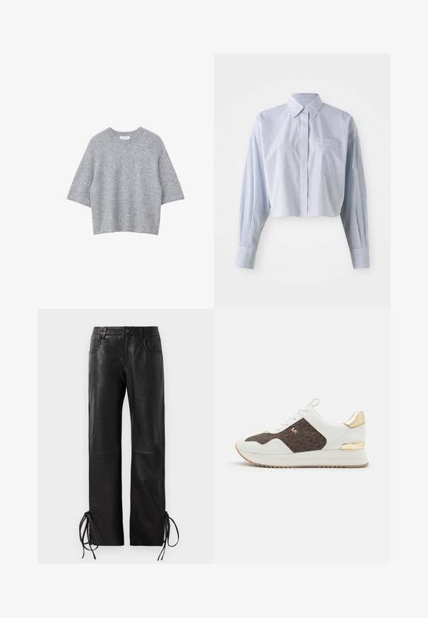 Lys grå striktrøje med korte ærmer, rund halsudskæring og en afslappet pasform. Blødt tekstur og minimalistisk design uden mønstre eller detaljer.; Afskåret skjorte i blå og hvide lodrette striber, med spidse kraver, lange ærmer og en forlomme. Glat bomuldsstruktur.; Sorte læderbukser med en let struktureret overflade, straight-leg snit og justerbare snore ved kanten for tilpasningsdygtig pasform.; Hvide sneakers med brunt mønstret stofpanel, guld hardwaredetaljer, rund tå, snørebåndsdesign og tekstureret gummisål.