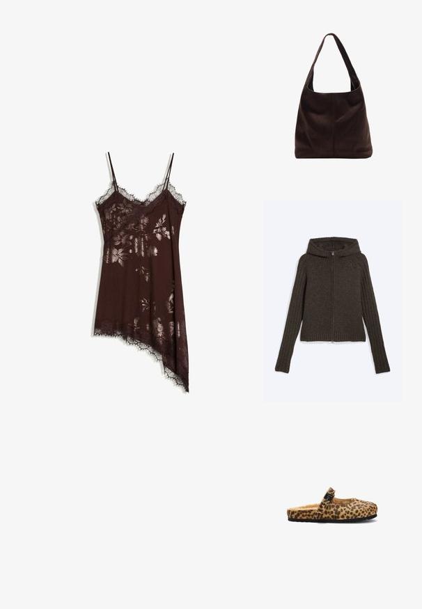 Donkerbruine gebreide hoodie met ritssluiting, geribde lange mouwen en boord, plat uitgestald op een lichte achtergrond.; Donkerbruine zijden slipjurk met metallic bloemenprint, kanten rand, dunne bandjes en asymmetrische zoom op een witte achtergrond.; Slingback pantoffel met luipaardprint, een zachte binnenkant, een ronde neus en een decoratieve zwarte gesp. Zwarte rubberen zool met textuur.; Bruine suède schoudertas met een brede, platte handle. Zacht, ongestructureerd ontwerp met een centrale naad. Geen zichtbare hardware of versieringen.