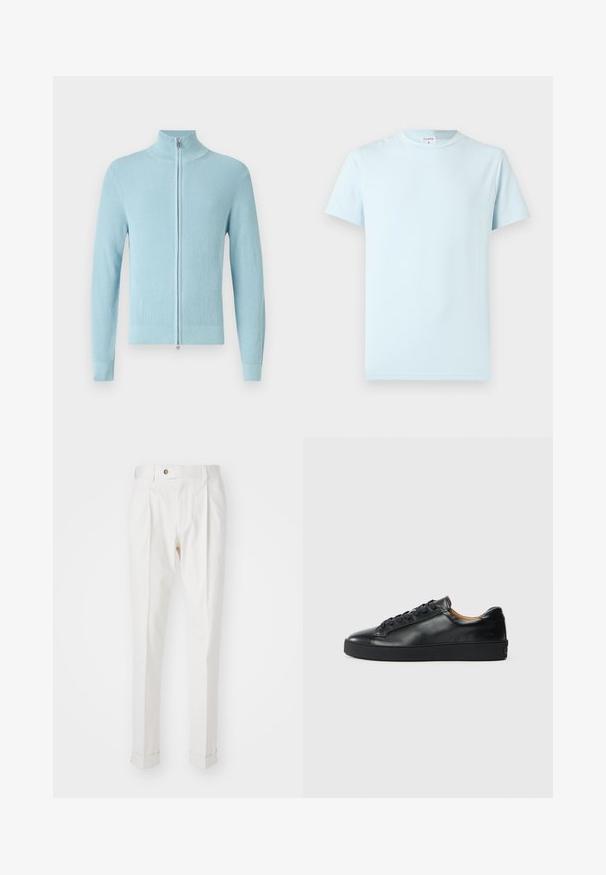 Hellblauer, gerippter Pullover mit hohem Kragen und einem Reißverschluss vorne. Verfügt über lange Ärmel und eine enganliegende Passform an Bündchen und Saum.; Hellblaues T-Shirt mit kurzen Ärmeln aus weicher Baumwolle. Verfügt über einen klassischen Rundhalsausschnitt und ein minimalistisches Design ohne Muster oder Verzierungen.; Weiße, maßgeschneiderte Hosen mit flachem Bund, zwei Falten und umgeschlagenen Säumen. Hergestellt aus einem glatten Stoff mit einem Knopfverschluss an der Taille.; Schwarze Leder-Sneaker mit glatter Textur, runder Zehenpartie und Schnürverschluss. Verfügt über eine dicke Gummisohle und minimalistische Marken-Details.