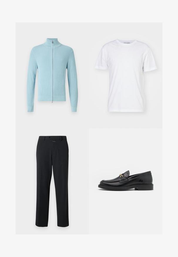 Lyseblå ribstrikket sweater med høj krave og lynlås foran. Har lange ærmer og en tætsiddende pasform ved ærmekanter og kant.; Hvid bomulds t-shirt med rund halsudskæring, korte ærmer og lige snit. Ingen mønstre eller udsmykninger, glat tekstur og enkel design.; Sorte bukser med lige pasform, lavet af glat stof. Har en frontlukning med knap og subtile syninger. Ensfarvet design uden mønstre.; Sorte læder loafers med en rund tå, der har guld hardware accent og syningsdetaljer, placeret på en lav, tekstureret gummisål.