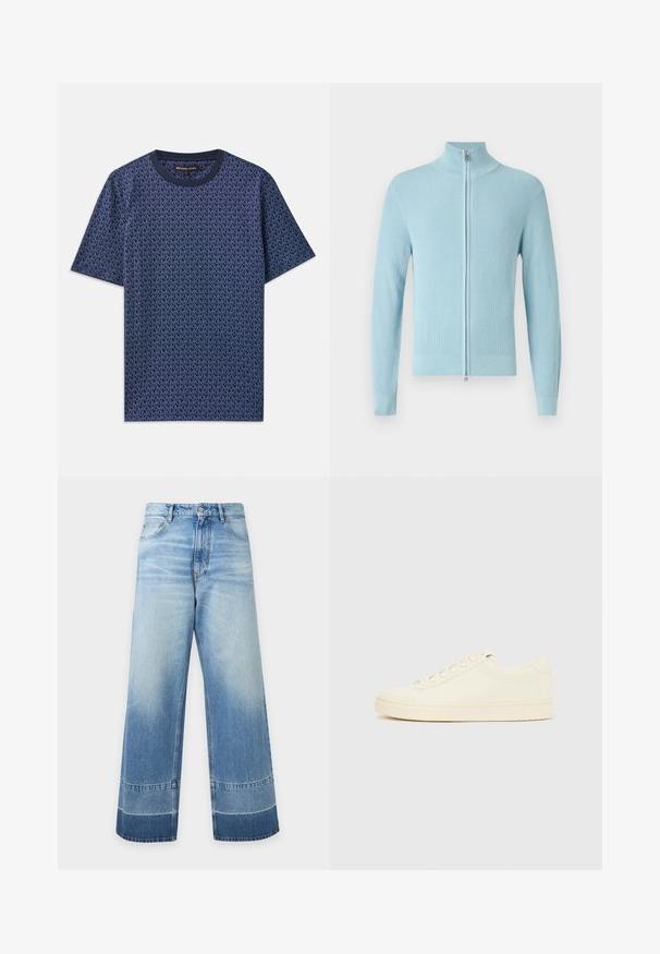 Pull côtelé bleu clair avec un col montant et une fermeture éclair à l'avant. Il présente des manches longues et une coupe ajustée aux poignets et à l'ourlet.; T-shirt en coton bleu marine avec un motif géométrique du logo MK. Doté d'un col rond et de manches courtes, avec un tissu texturé sur l'ensemble.; Jean en denim bleu clair à coupe large avec des détails délavés et des blocs de couleur plus foncés près de l'ourlet, bouton devant et poches visibles.; Baskets couleur crème avec une tige en cuir lisse, bout arrondi, laçage à l'avant et semelle en caoutchouc texturée. Design minimaliste, sans logo.