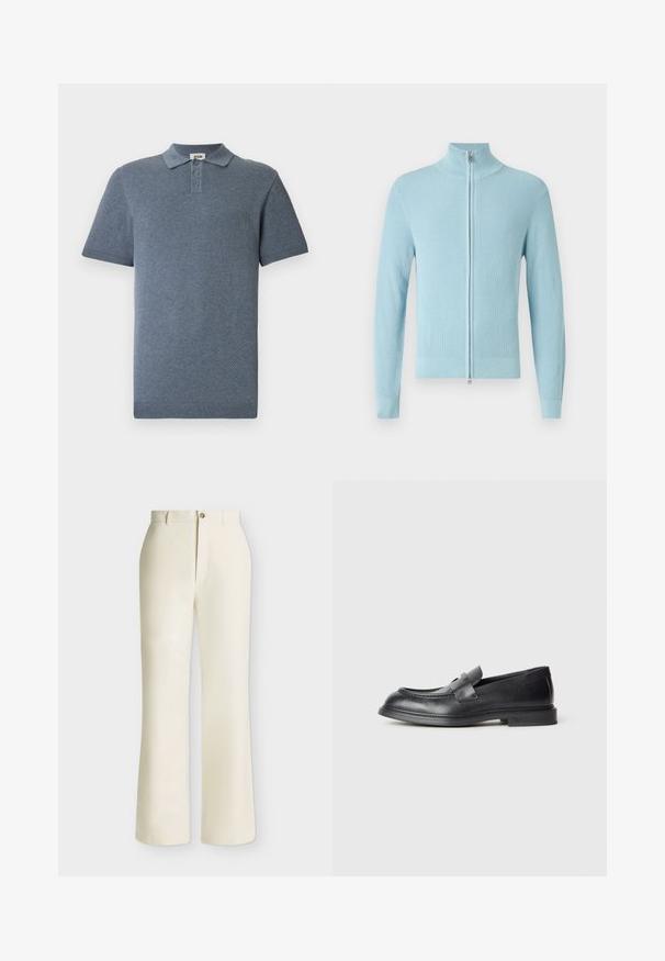 Pull côtelé bleu clair avec un col montant et une fermeture éclair à l'avant. Il présente des manches longues et une coupe ajustée aux poignets et à l'ourlet.; Polo à manches courtes en tissu bleu texturé, doté d'un col plat, d'une patte de boutonnage à trois boutons et de poignets côtelés aux manches et à l'ourlet.; Pantalon crème taille haute à jambes larges, avec passants pour ceinture et fermeture avant par bouton et zip sur fond uni.; Mocassins en cuir noir avec une finition texturée, dotés d'une bride décorative à l'avant et d'un bout arrondi. Semelle en caoutchouc pour plus de durabilité.