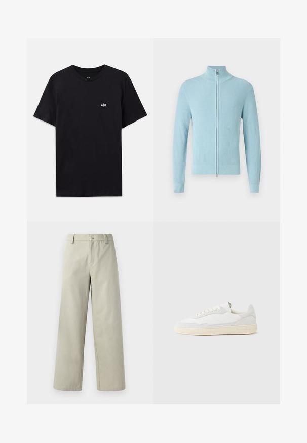 Pull côtelé bleu clair avec un col montant et une fermeture éclair à l'avant. Il présente des manches longues et une coupe ajustée aux poignets et à l'ourlet.; T-shirt en coton noir à manches courtes, col ras du cou, avec un petit logo blanc "A|X" sur la zone de la poitrine gauche. Texture lisse.; Han Kjøbenhavn WIDE LEG - Pantalon classique - light grey; Baskets blanches avec dessus en daim et cuir texturé. Caractérisées par un bout arrondi, une fermeture à lacets et une semelle en caoutchouc beige contrastante.