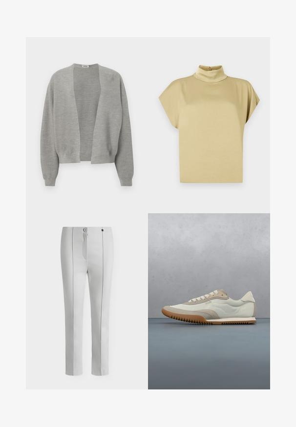Cardigan gris en tissu tricoté doux, design à l'avant ouvert, épaules tombantes et poignets côtelés pour une coupe décontractée.; Haut beige à manches courtes avec un col montant et une fermeture par bouton à l'arrière du col.; Pantalon blanc sur mesure avec un bouton et une fermeture éclair devant, jambes droites et plis verticaux marqués sur le devant de chaque jambe.; Sneakers blancs et beiges avec une tige lisse et des accents en daim, une semelle texturée et des coutures ton sur ton. Fermeture à lacets avec détail de logo.