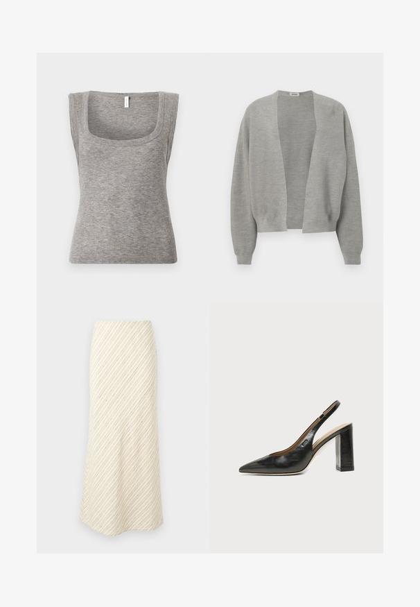 Cardigan gris en tissu tricoté doux, design à l'avant ouvert, épaules tombantes et poignets côtelés pour une coupe décontractée.; Débardeur gris sans manches en maille côtelée avec un décolleté carré et une silhouette ajustée, présentant une texture lisse et une légère élasticité.; Jupe midi couleur crème avec un motif à rayures diagonales marron. Dispose d'une taille ajustée et d'un tissu doux avec une texture lisse.; Chaussure slingback en cuir noir à bout pointu avec un talon bloc haut et une doublure intérieure beige sur un fond clair uni.