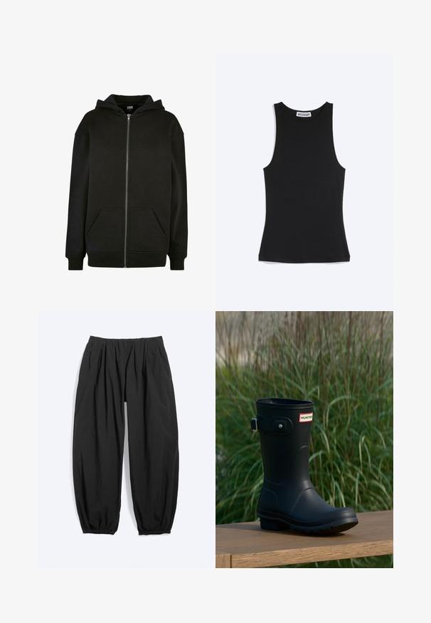 Sort hættetrøje med lynlås foran, med forlommer og ribkant ved ærmer og bund.; Sort ærmeløs tætsiddende top med rund halsudskæring og Weekday-brandlabel bag på kraven, på hvid baggrund.; Løse sorte tilspidsede bukser med elastisk talje og ankelsmæk, lavet af let stof.; Sorte gummistøvler med en blank finish, der har en sølvspænde og en logo-patch. Sålen er tekstureret for bedre greb.