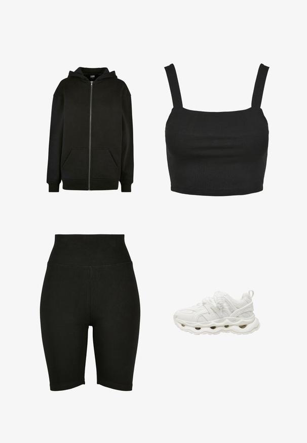 Sweat à capuche zippé noir avec poches avant et poignets et ourlet côtelés.; Top court noir avec des bretelles fines, fabriqué à partir d'un tissu lisse et extensible. Présente un décolleté carré et une coupe ajustée.; Shorts de vélo taille haute noirs en tissu extensible, avec une texture lisse et un ourlet piqué, conçus pour le confort et la liberté de mouvement.; Baskets blanches de sport avec tige en mesh et synthétique, semelle épaisse avec découpes ovales, et lacets épais style corde, vues de côté.