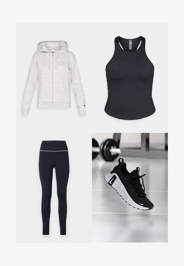Hellgrauer Kapuzenpullover mit Reißverschluss, Fronttaschen, verstellbarer Kapuze und kleinen Champion-Logos auf der Brust und am linken Ärmelbündchen.; ONLY Play ONPSANA SHORT - Top - black; Marineblaue enganliegende Leggings aus dehnbarem Stoff, mit einem breiten Bund, der oben mit einem reflektierenden Besatz versehen ist, um die Sichtbarkeit zu erhöhen.; Schwarzer Sportschuh mit strukturiertem Stoffobermaterial, weißer Sohle und auffälligem Schnürsystem. Verfügt über ein Nike-Logo und ein weiches, gepolstertes Design.