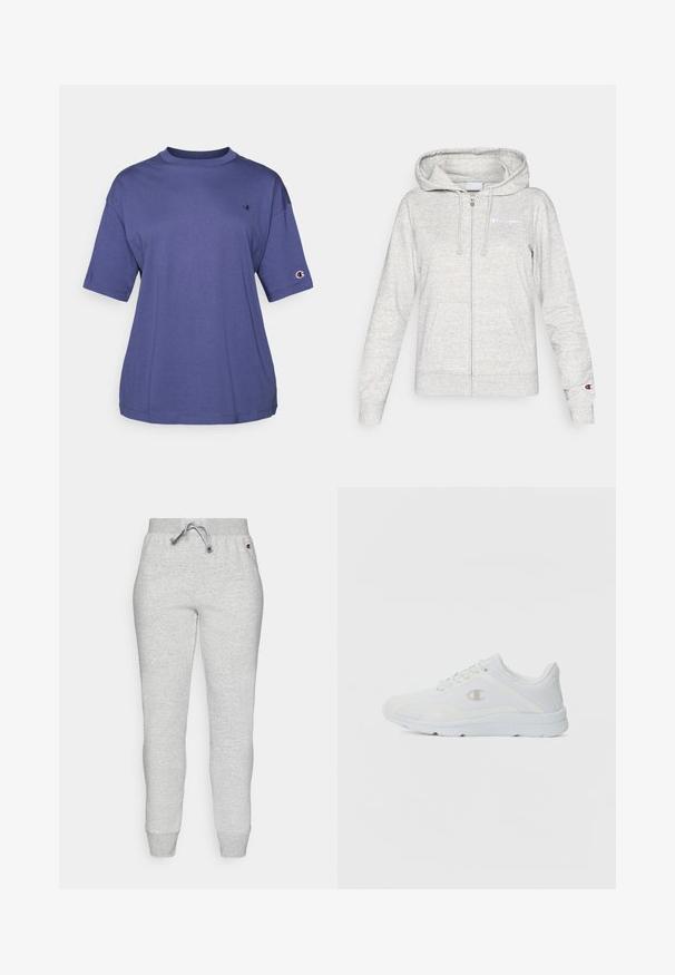 Sudadera con capucha gris claro con cremallera, bolsillos frontales, capucha con cordón y pequeños logos de Champion en el pecho y en el puño de la manga izquierda.; Camiseta de algodón morada de cuello redondo y manga corta, que presenta un pequeño logo en el pecho y un parche del logo en la manga.; Pantalones de chándal grises, hechos de una tela suave, con una cinturilla elástica y cordón ajustable, piernas estrechas y puños acanalados.; Zapatillas deportivas blancas con parte superior de malla texturizada, cuello acolchado y logo en contraste en el costado. Cuenta con una suela de goma ligera.