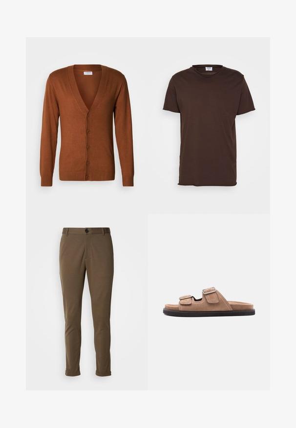 Brauner Cardigan mit V-Ausschnitt, gerippten Bündchen und geknöpftem Vorderteil. Hergestellt aus einem weichen Material, mit glatter Textur und figurbetontem Schnitt.; Filippa K ROLL NECK TEE - T-Shirt basic - dark choco; Braune, maßgeschneiderte Hose mit glatter Textur, ausgestattet mit einem Knopfverschluss und aufgerollten Säumen. Entworfen mit einer schlanken Passform und funktionalen Taschen.; Braune Wildleder-Pantoletten mit schwarzer Sohle, zwei verstellbaren Riemen mit Schnallen und weißer Nahtdetail, Seitenansicht auf weißem Hintergrund.