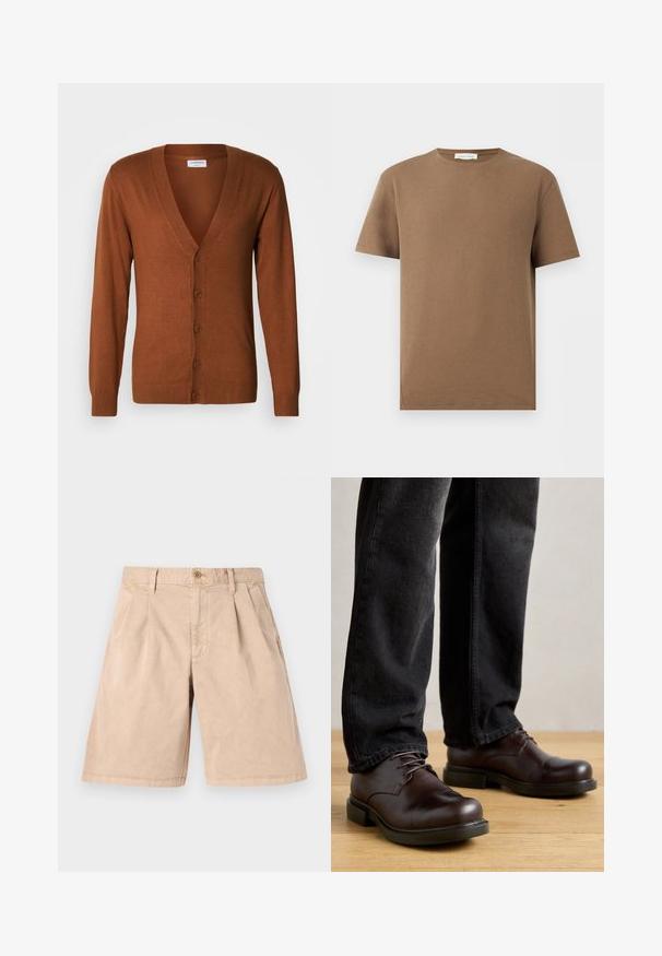 Cardigan marron avec un col en V, des poignets côtelés et un devant boutonné. Fabriqué dans un matériau doux, présentant une texture lisse et une coupe ajustée.; T-shirt marron à manches courtes et col rond avec tissu texturé et étiquette "Pier One" à l'intérieur du col, présenté sur fond blanc.; Shorts beiges en coton, au design droit, avec un devant plissé, des poches latérales et une fermeture à un bouton à la taille.; Chaussures en cuir marron avec un bout rond, design à lacets et semelle en caoutchouc noire épaisse, associées à un pantalon en denim foncé.