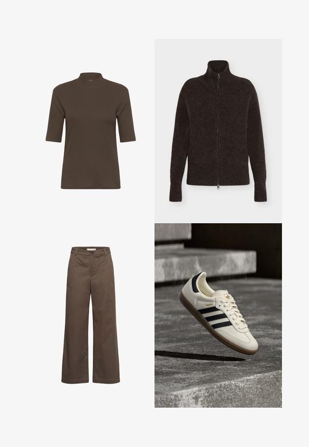 Pull marron foncé duveteux à fermeture éclair intégrale avec manches longues et col haut sur un fond clair uni.; T-shirt marron à rayures avec col montant et manches courtes, présentant une texture lisse et une coupe ajustée.; Pantalon marron taille haute à jambes larges, avec fermeture à bouton et zip, passants pour ceinture et poches avant, présenté sur fond blanc.; Baskets blanches Adidas Samba avec des bandes noires et une semelle en gomme, flottant au-dessus de marches en béton gris texturé.
